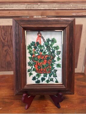 Embroidered Hanging Ivy Basket Framed Art - Green & Orange
